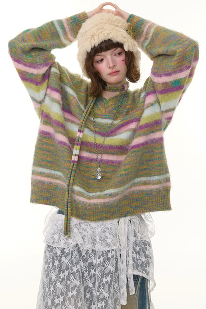 Autumn Winter Color-Blocking Striped V-Neck Sweater