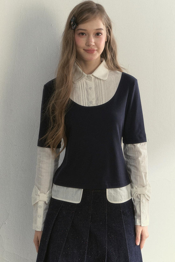 Retro Navy Blue Two-Piece Blouse