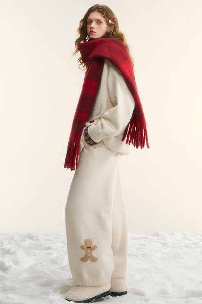 Asgony Vintage Wool Blend Red Plaid Scarf