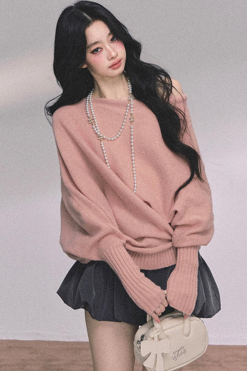Soft Slanted Shoulder Knitted Sweater
