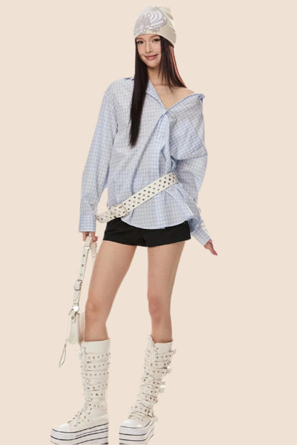 EZEK 아메리칸 레트로 더블 칼라 체크 셔츠 여성용 루즈 슬림 셔츠 재킷 봄 신상 트렌디 브랜드 