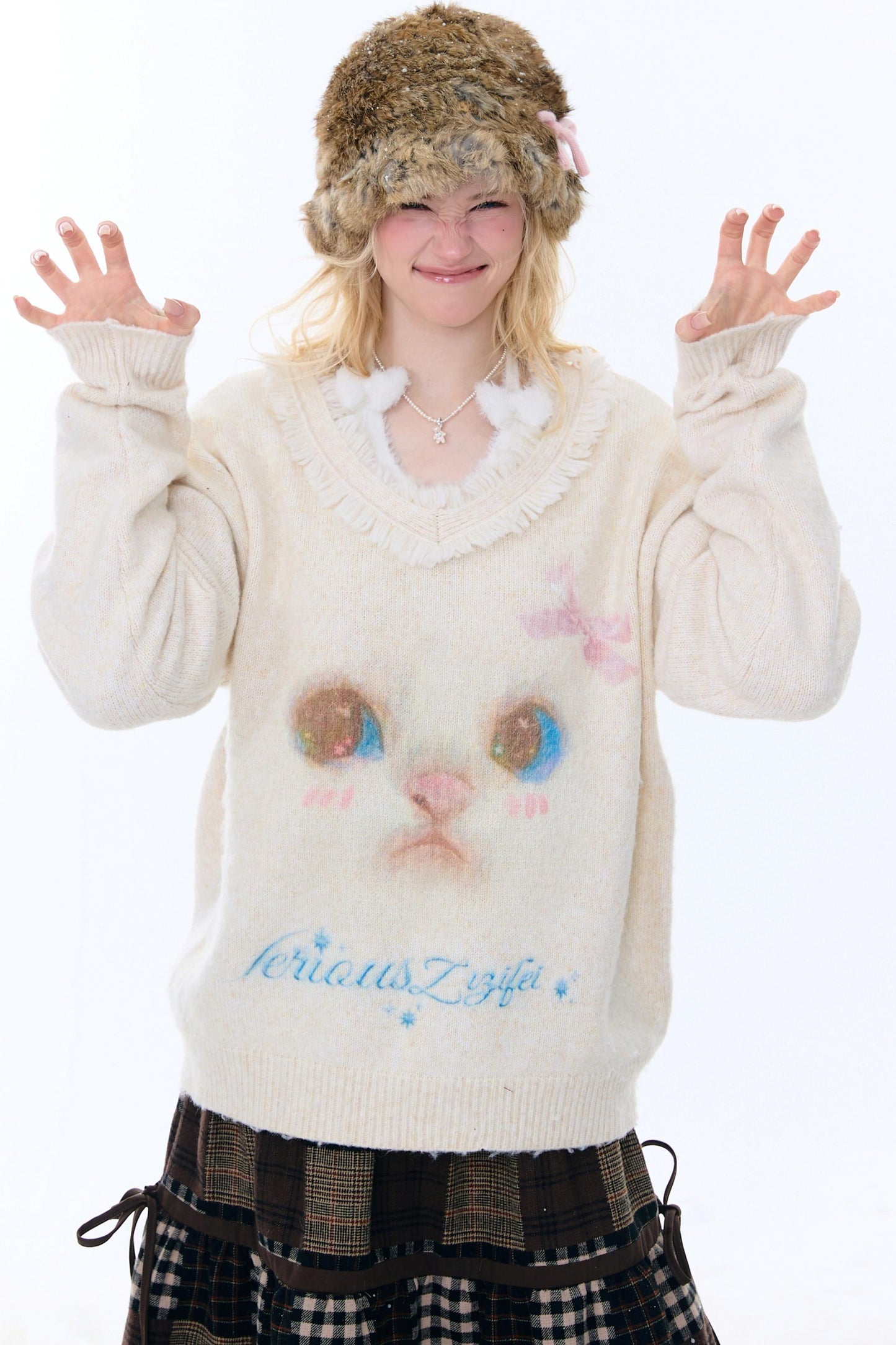 American Retro Cat Plush Sweater