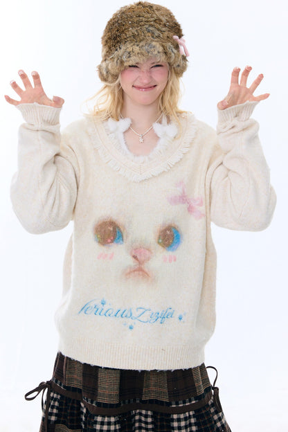 American Retro Cat Plush Sweater