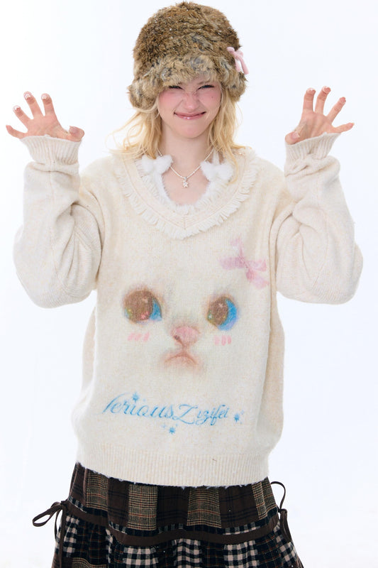 American Retro Cat Plush Sweater
