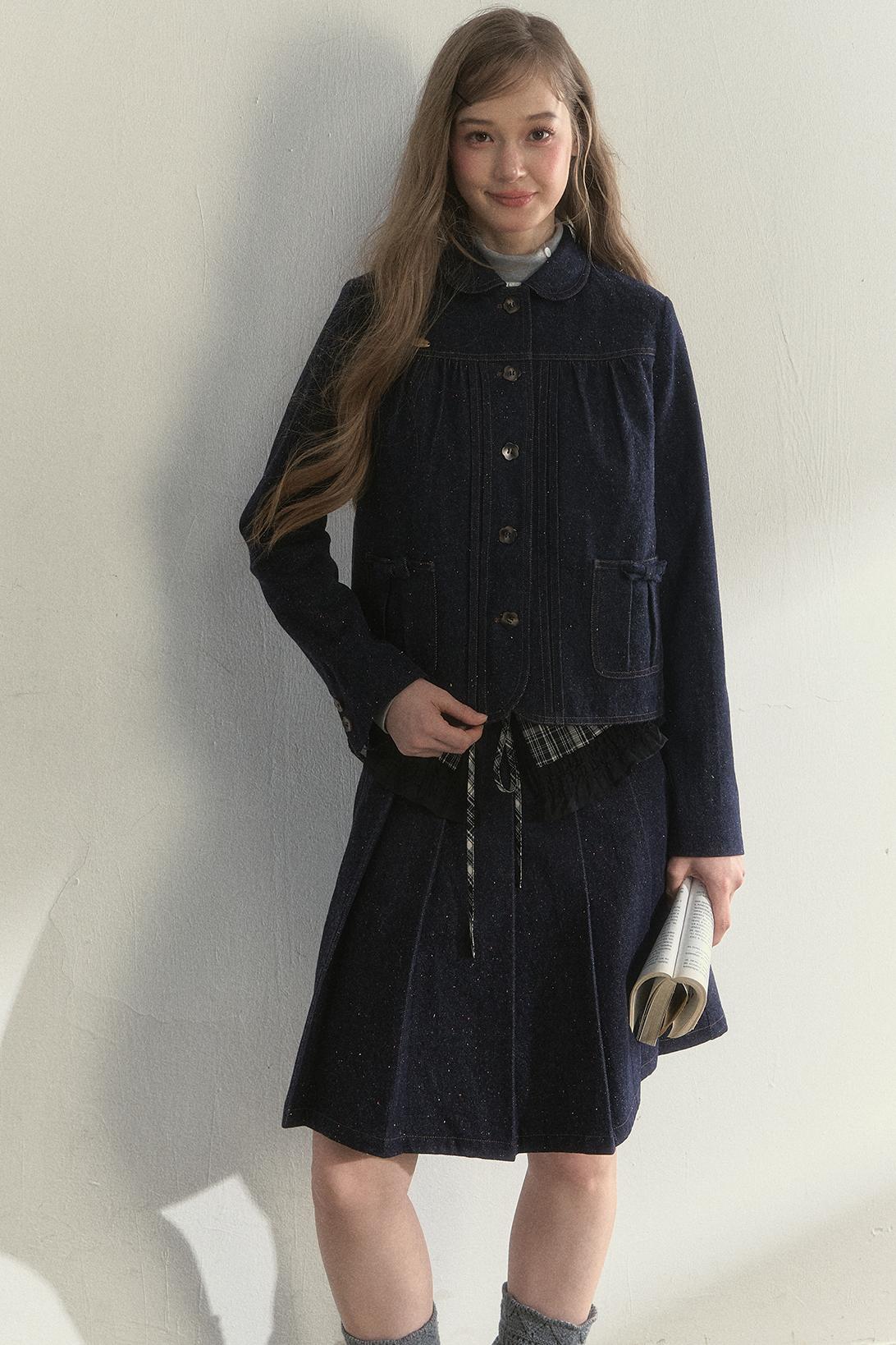 Vintage Dot Denim Pleated Jacket Skirt Set-Up