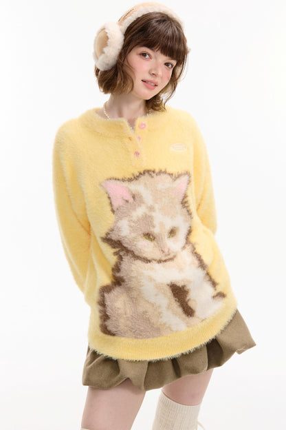 Yellow Cat Print Sweater