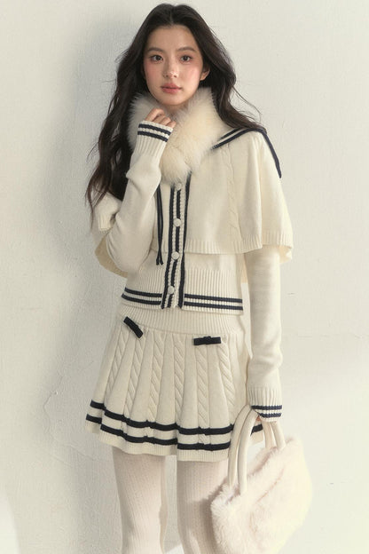 Vintage Navy Twist-Knit Cape Sweater Skirt Set-Up
