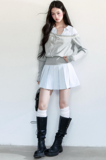 Korean Patchwork Striped Pleated Skirt Set-Up