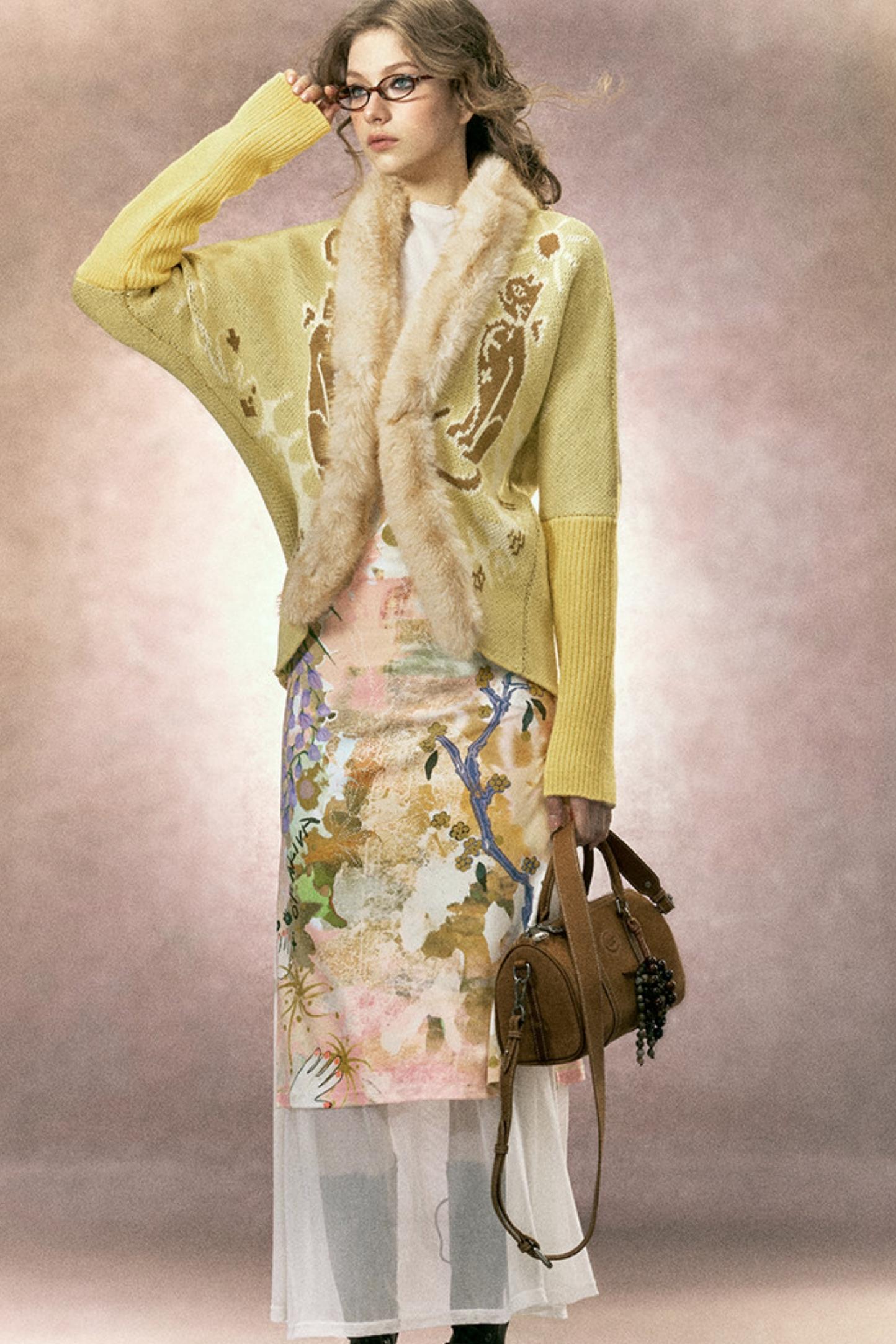 Faux Fox Fur Knit Cardigan