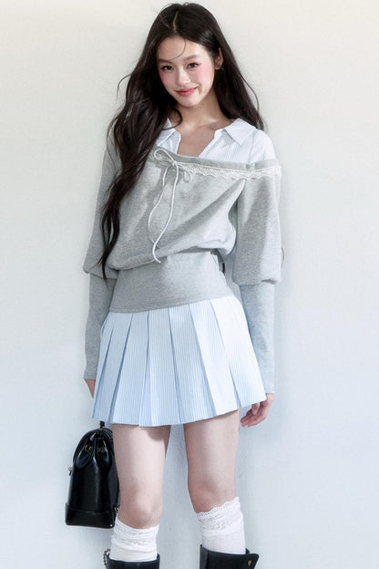 Korean Patchwork Striped Pleated Skirt Set-Up