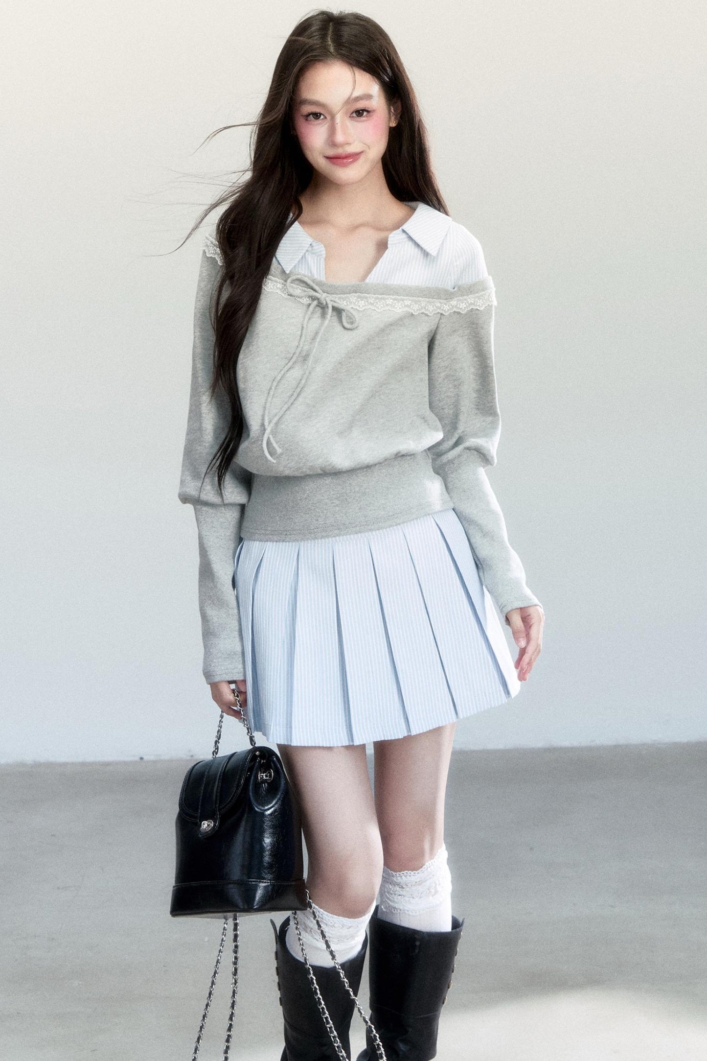 Korean Patchwork Striped Pleated Skirt Set-Up