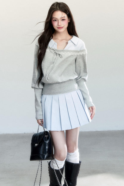 Korean Patchwork Striped Pleated Skirt Set-Up