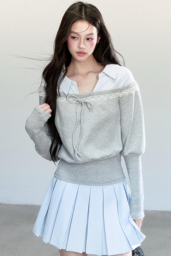 Korean Patchwork Striped Pleated Skirt Set-Up