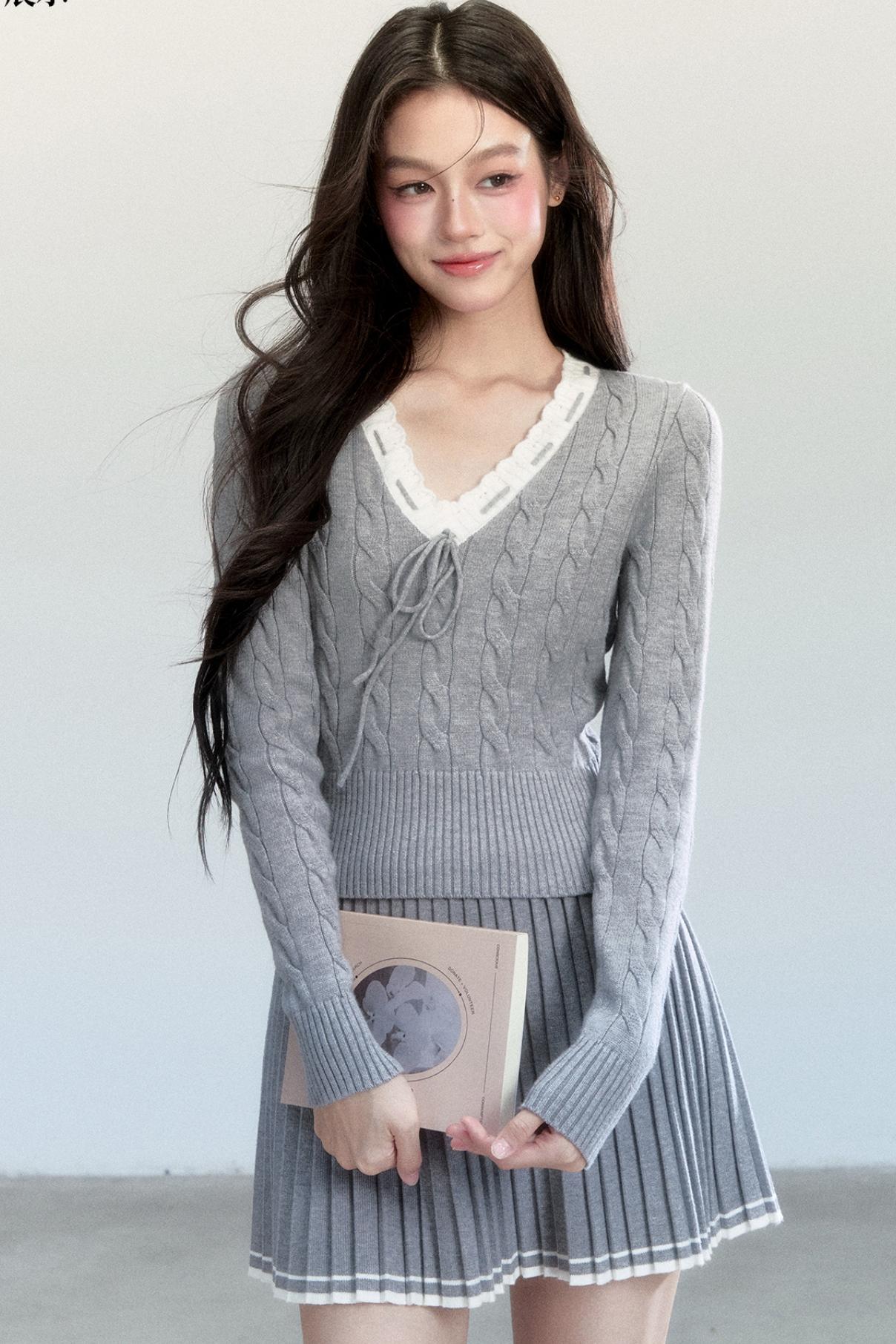 Warm Poetry Retro Waist Sweater Skirt Set-Up