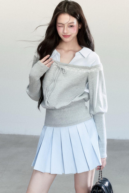 Korean Patchwork Striped Pleated Skirt Set-Up