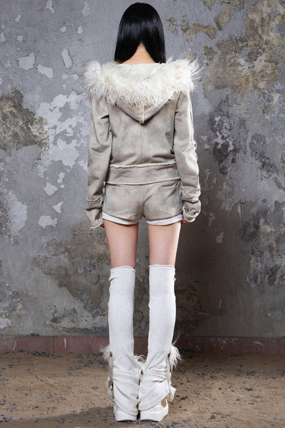 Cropped Fur Collar Punk Jacket