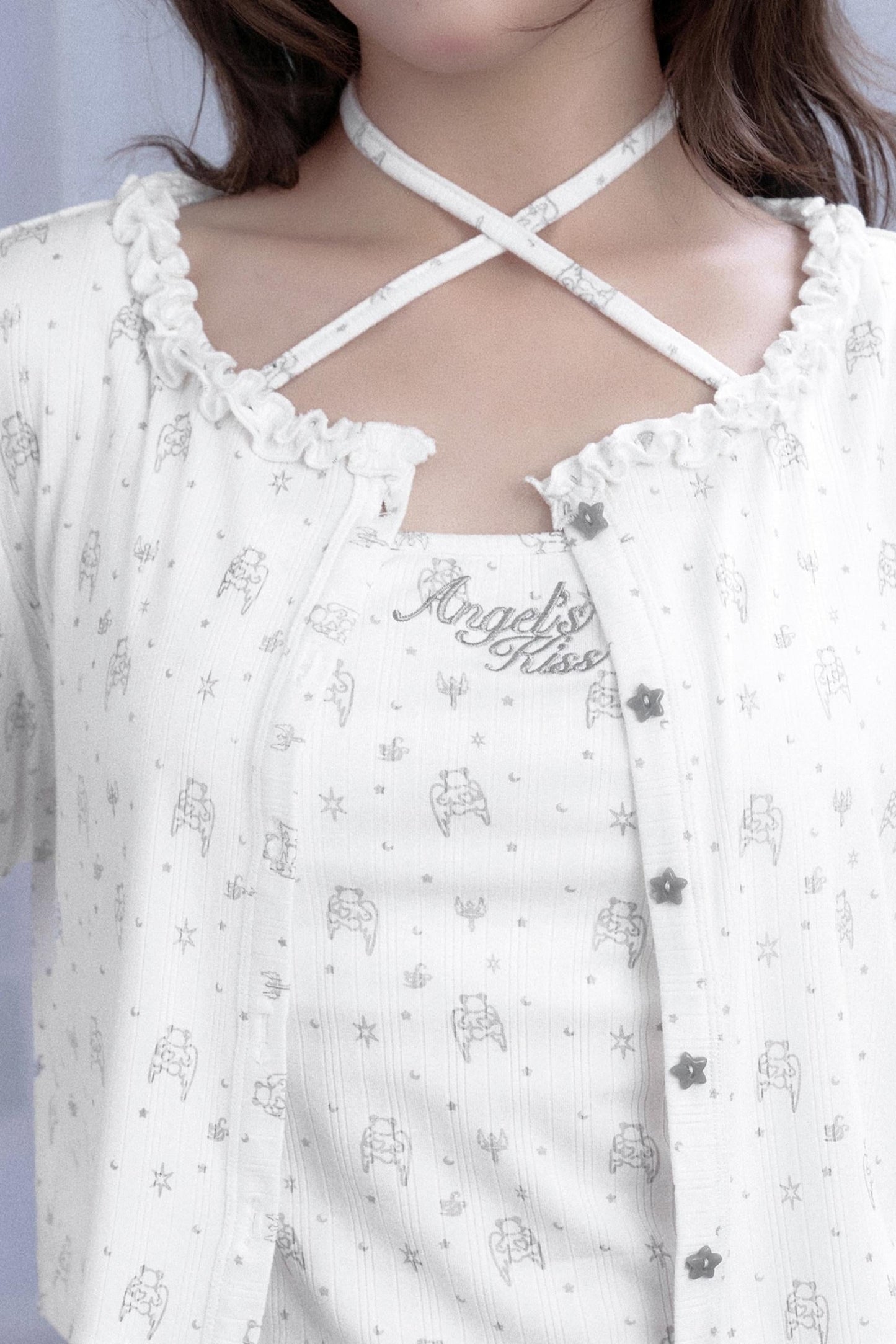 Angel Bear Print Camisole Cardigan Set-Up