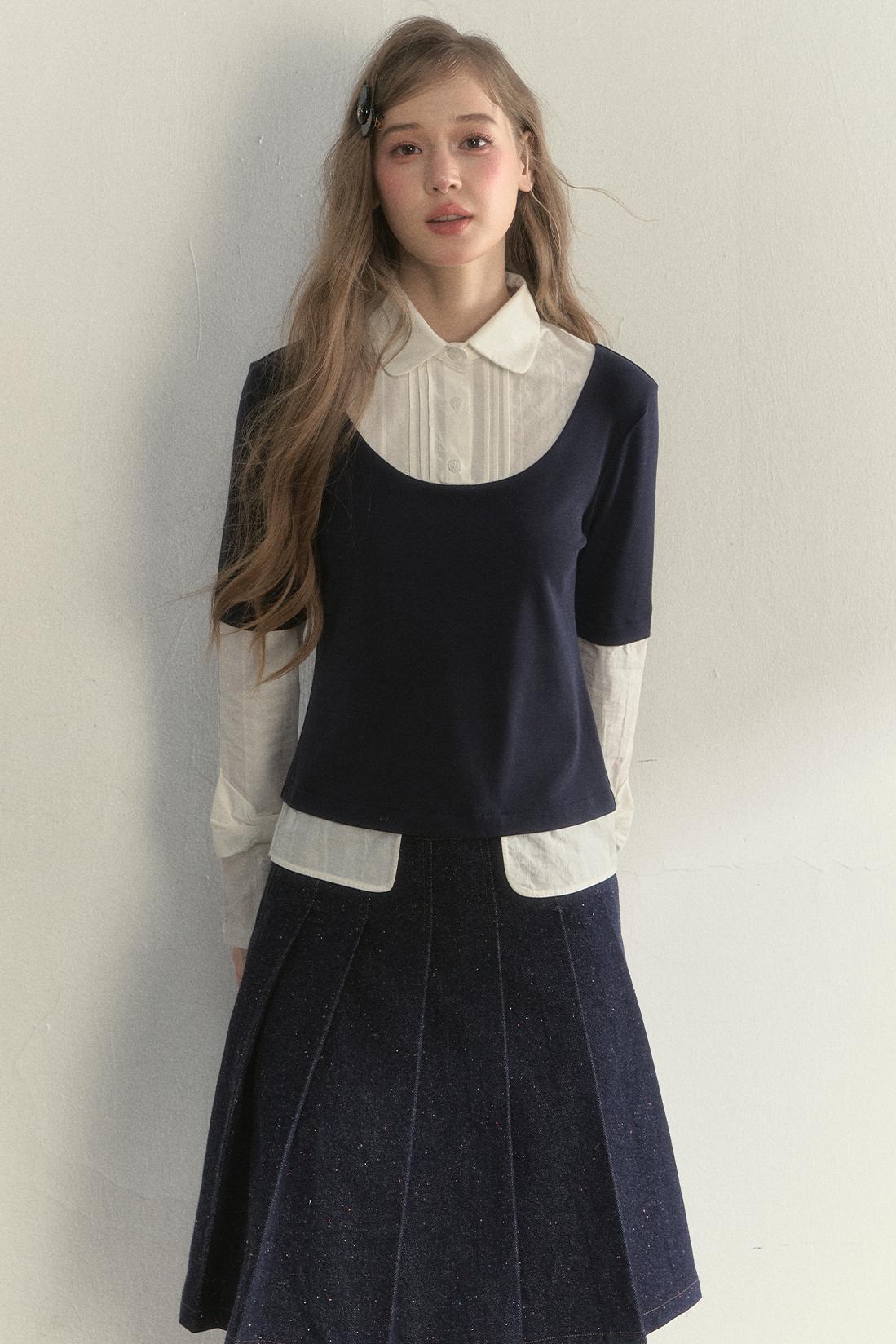 Retro Navy Blue Two-Piece Blouse