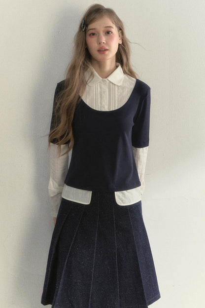 Retro Navy Blue Two-Piece Blouse