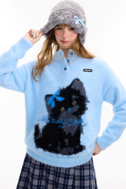 Blauer Katzendruck-Pullover
