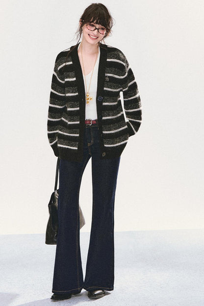 Mohair Striped V-Neck Knit Jacket