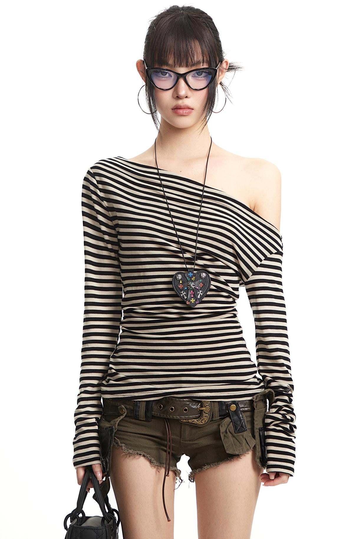 American Retro Striped Off-Shoulder Top