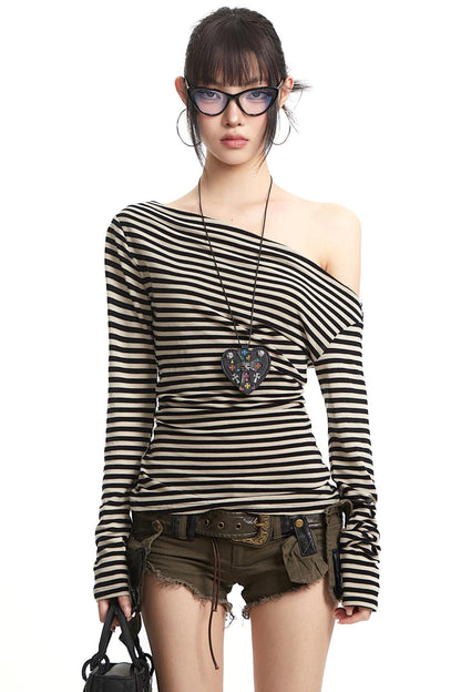 American Retro Striped Off-Shoulder Top