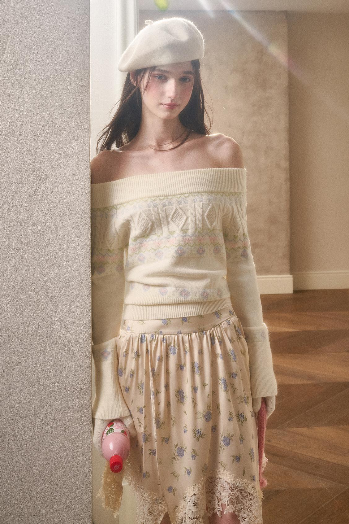 Waxy Cotton Sweater And Floral Skirt Set-Up