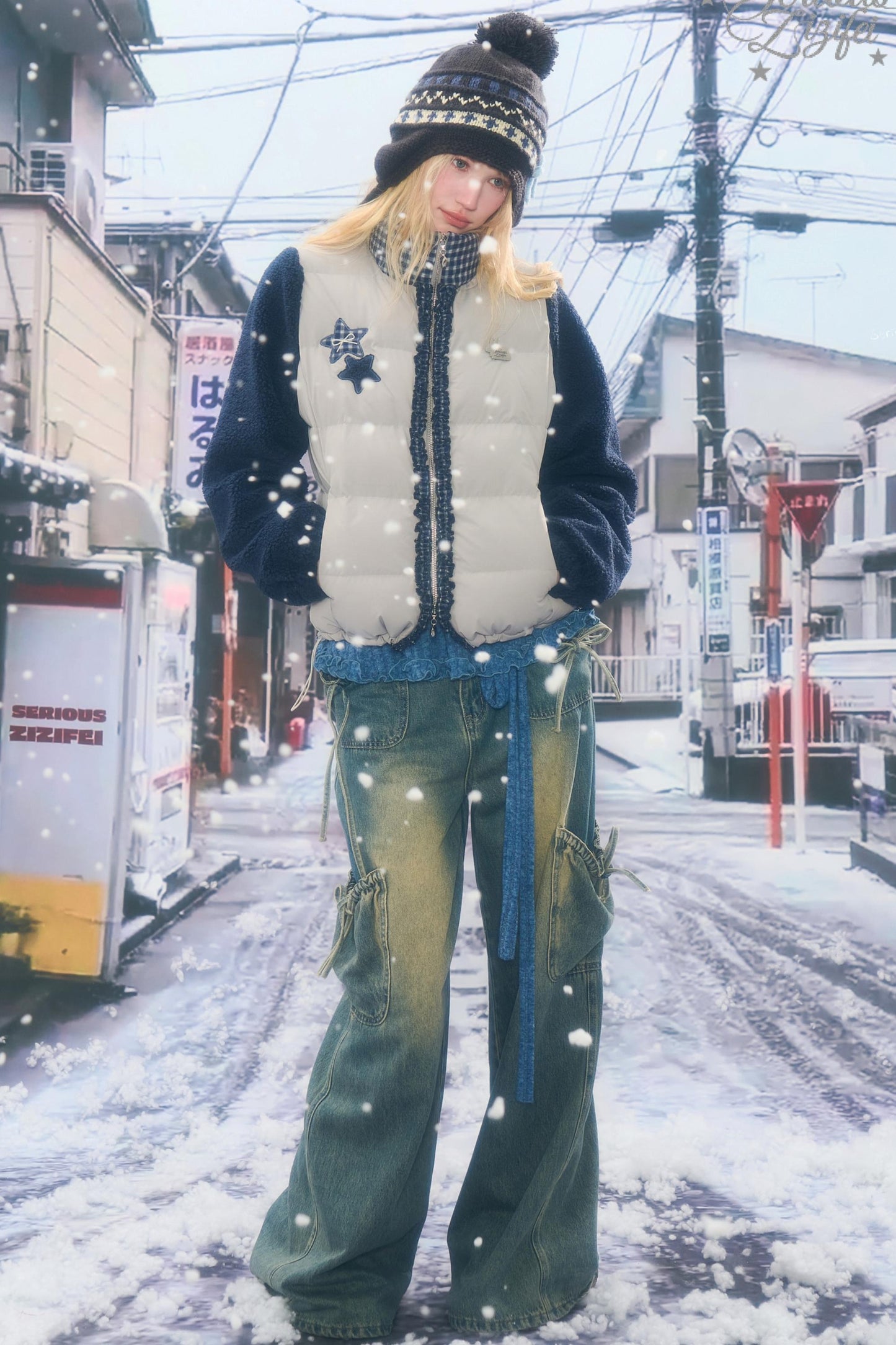 Star Print Color-Blocking Cotton Coat