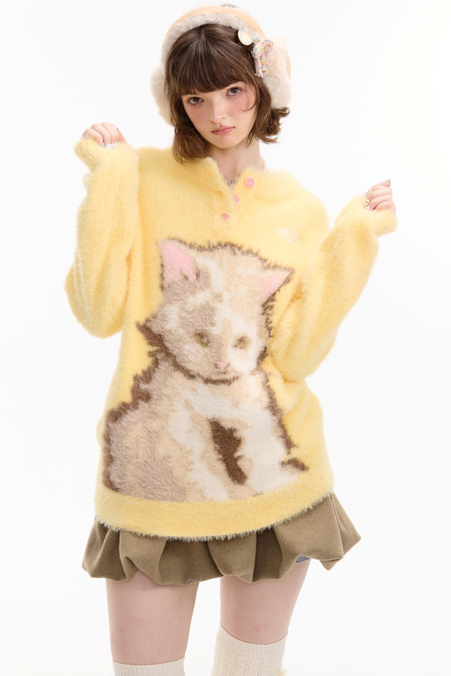 Yellow Cat Print Sweater