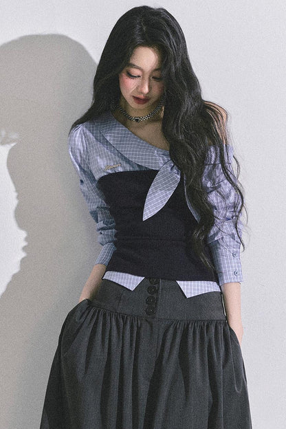 Korean Long-Sleeved Plaid Shirt