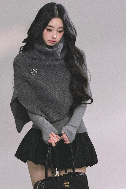 Lightweight Knit Shawl Turtleneck Sweater Set