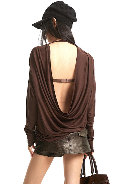 Retro Brown Backless Blouse