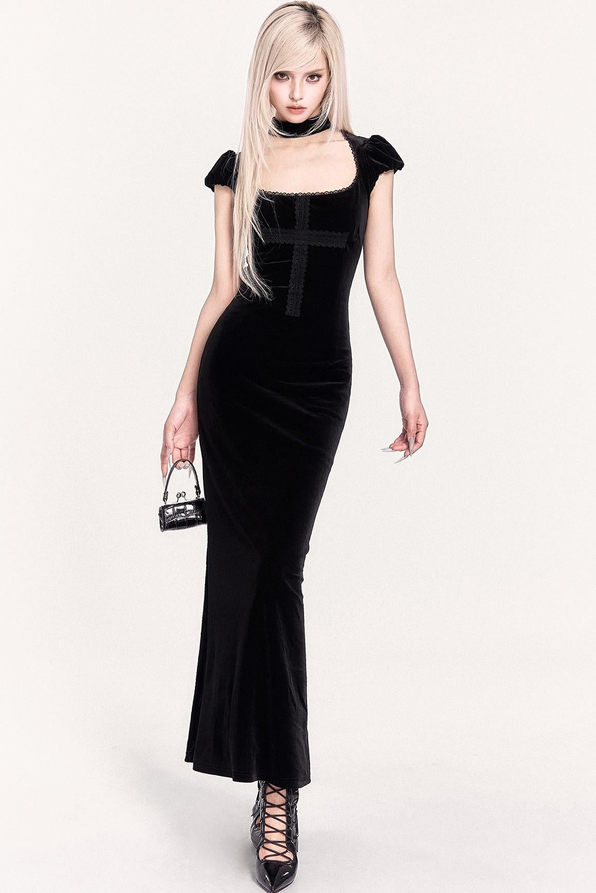 Fascinated Black Velvet Mermaid Dress