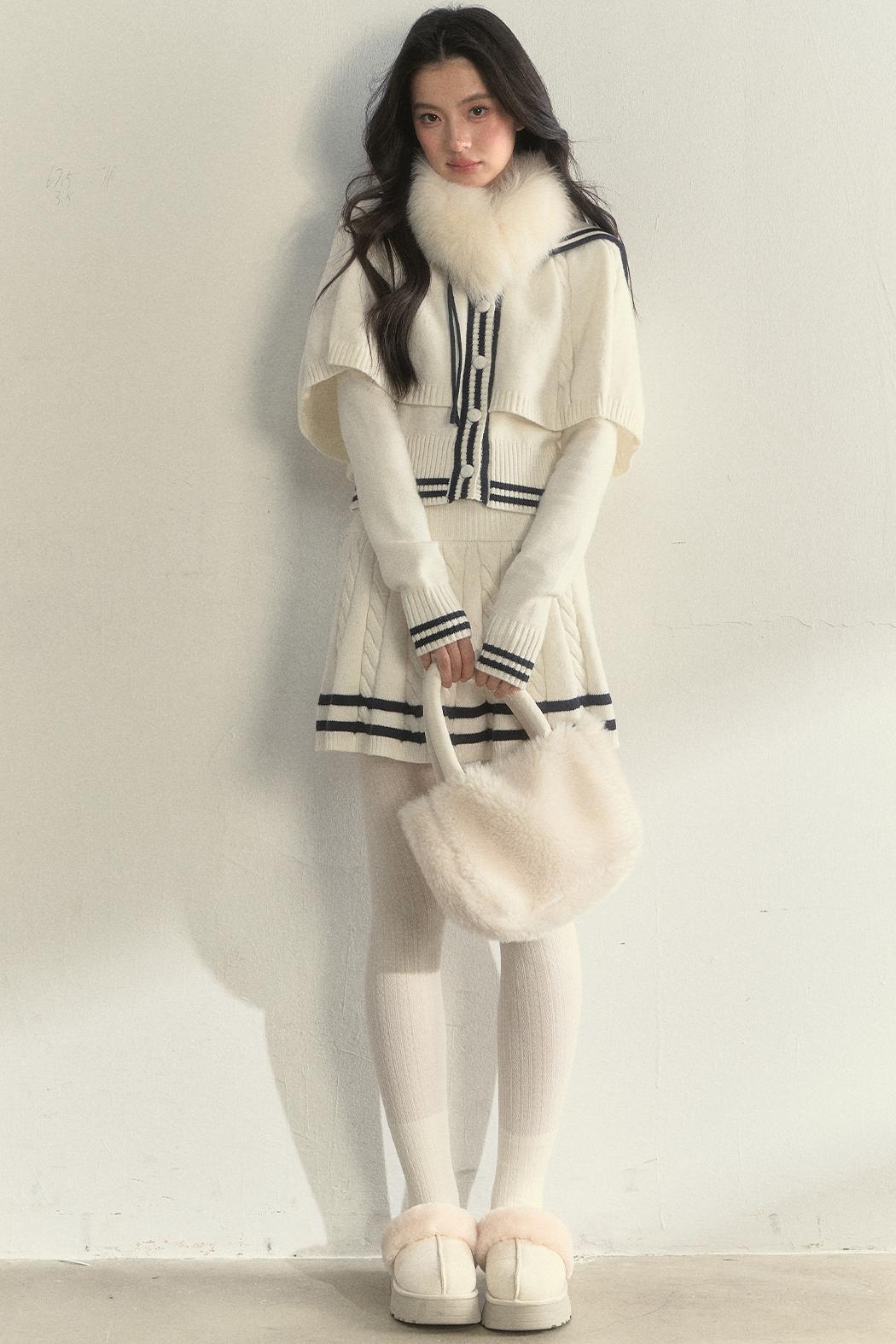 Vintage Navy Twist-Knit Cape Sweater Skirt Set-Up