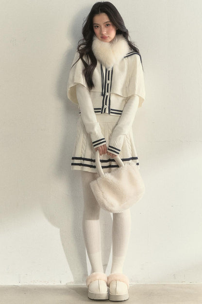 Vintage Navy Twist-Knit Cape Sweater Skirt Set-Up