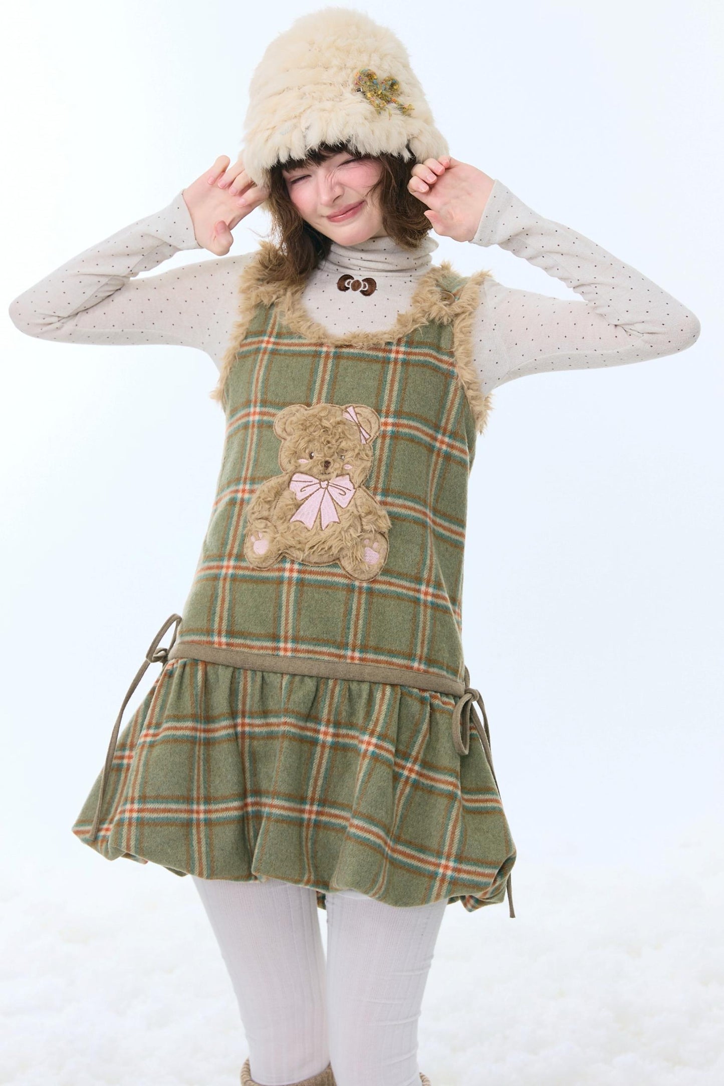 Green Plaid Teddy Vest Dress