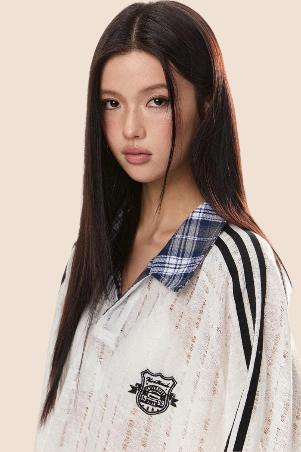 EZEK 아메리칸 레트로 스트라이프 스티칭 대비 약간 투명한 컷아웃 풀오버 스웨트셔츠 여성용 루즈 캐주얼 베이비 탑 타이드 