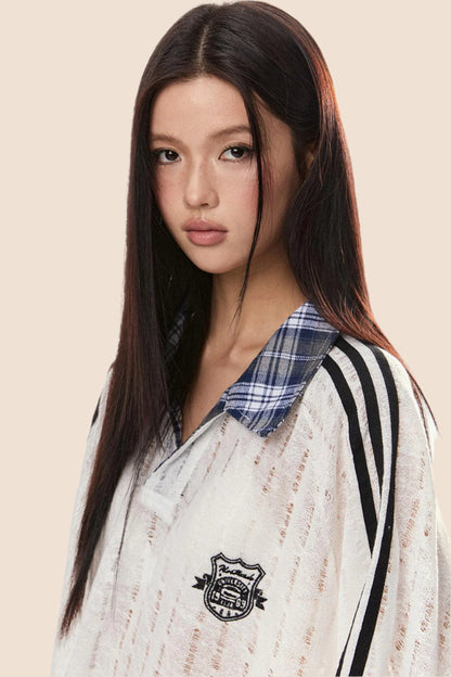 EZEK 아메리칸 레트로 스트라이프 스티칭 대비 약간 투명한 컷아웃 풀오버 스웨트셔츠 여성용 루즈 캐주얼 베이비 탑 타이드 