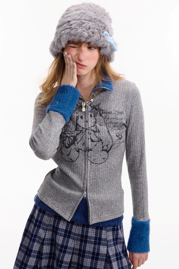 Fur Collar Zipper Rabbit Print Turtleneck Knitted Top