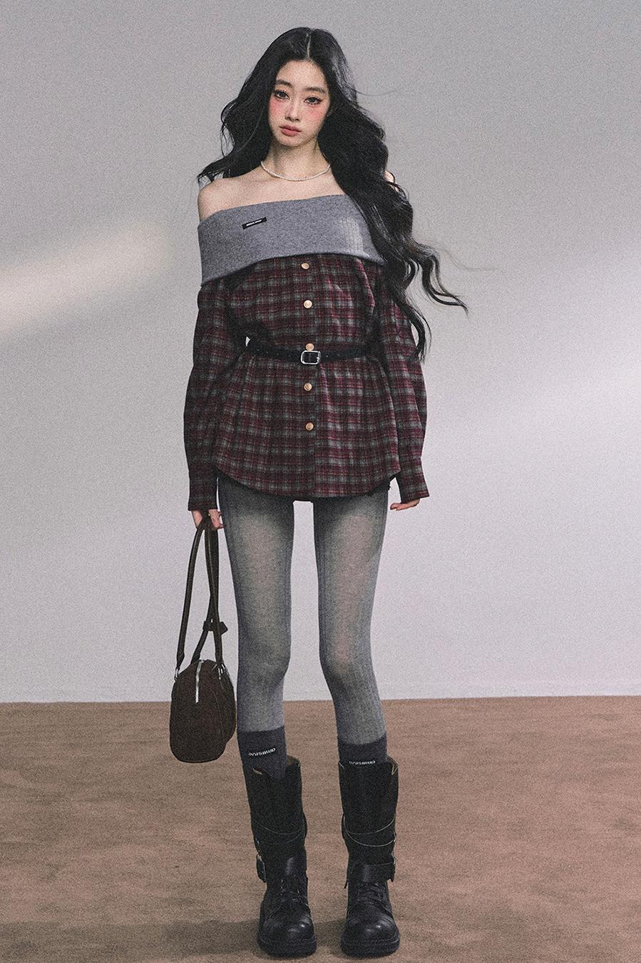 Autumn Waist Slimming Plaid Knit Top