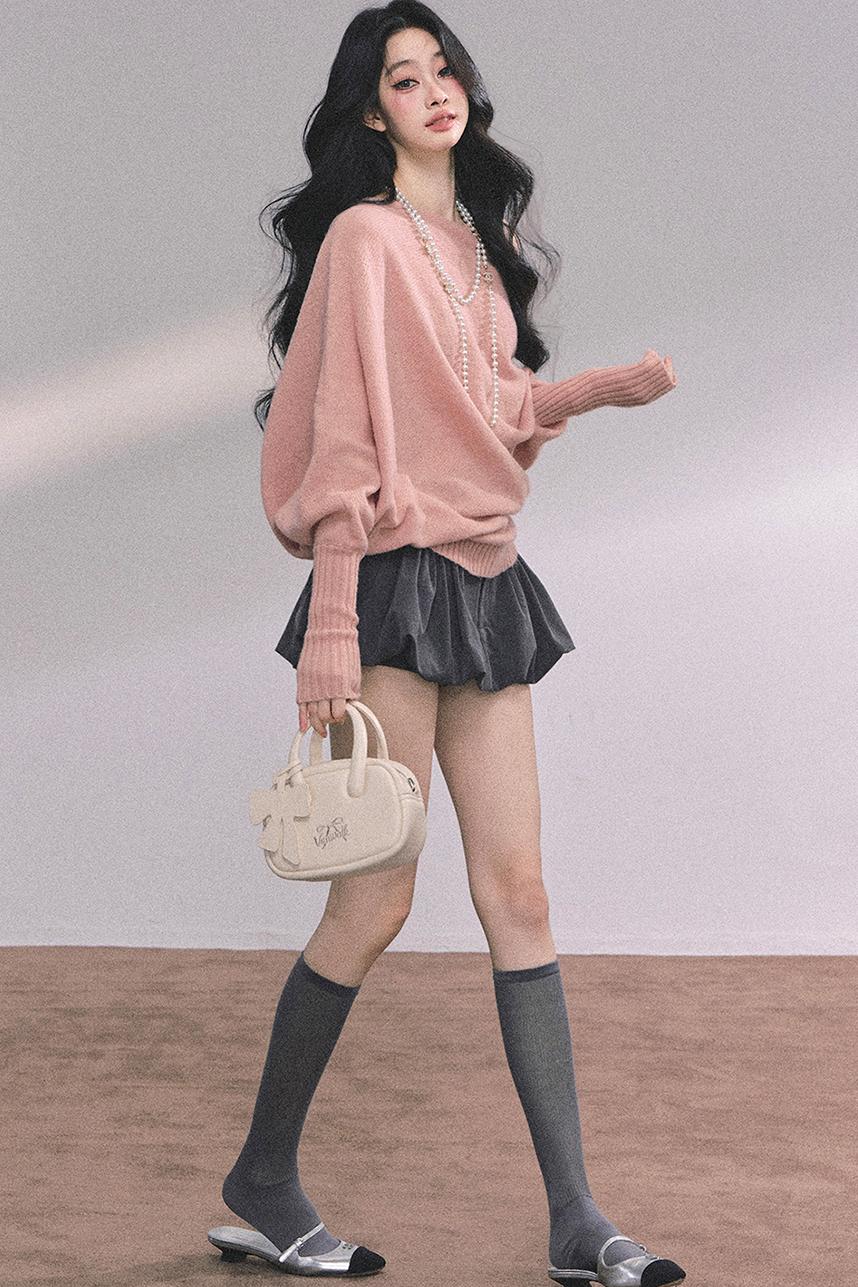 Soft Slanted Shoulder Knitted Sweater