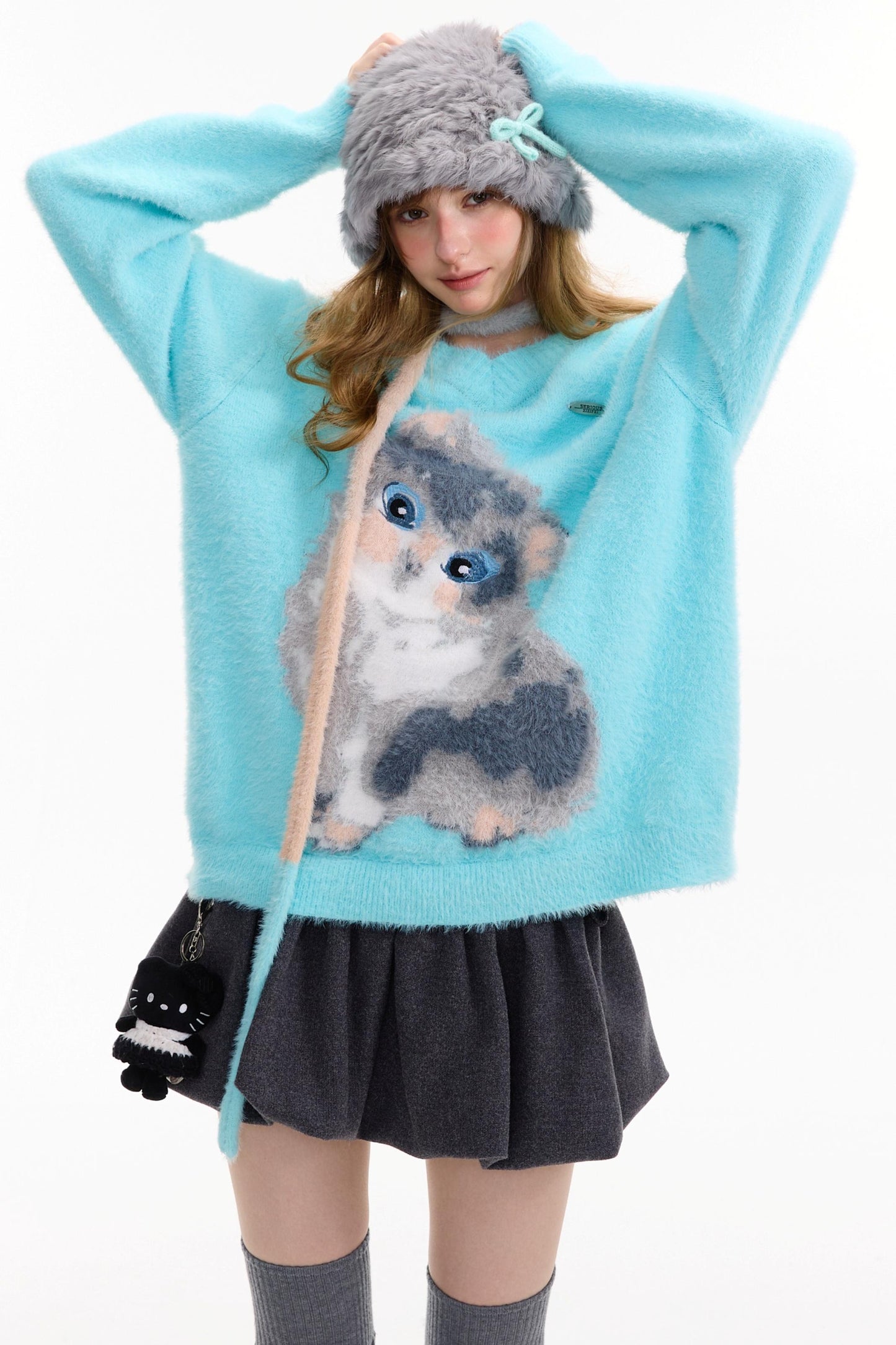 Cat Print V-Neck Polo Light Blue Sweater