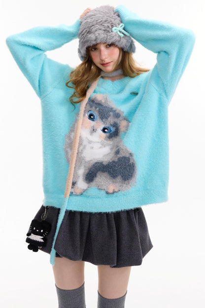Cat Print V-Neck Polo Light Blue Sweater