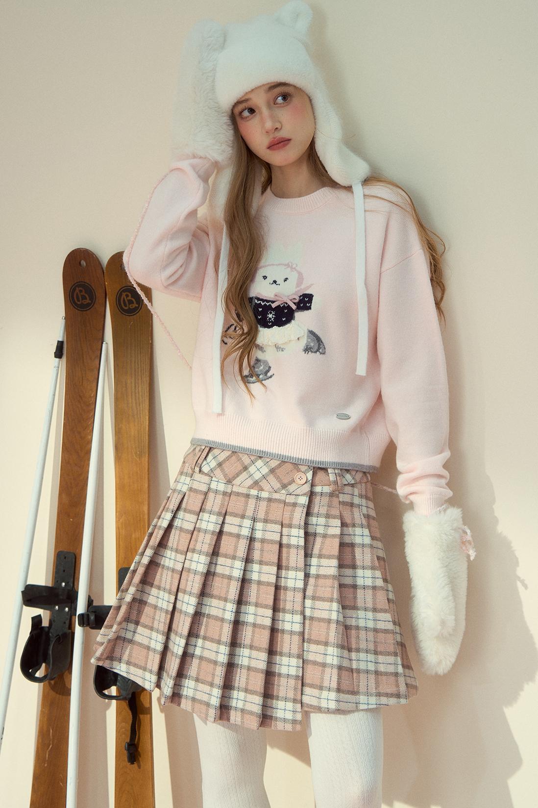 Pink Plaid Wool Pleated Skirt