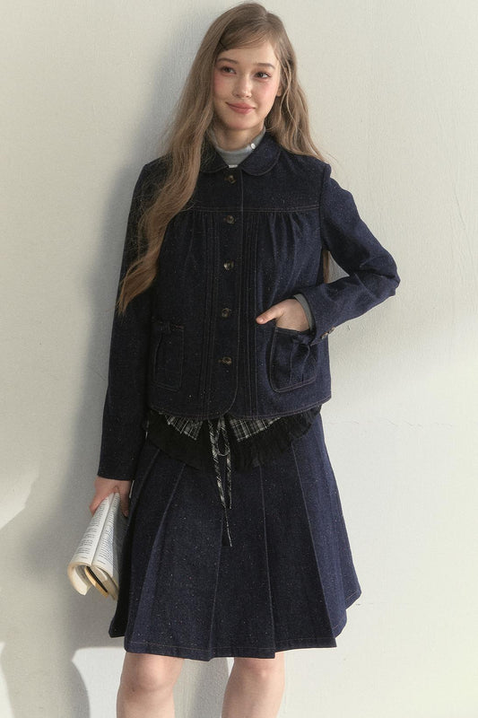 Vintage Dot Denim Pleated Jacket Skirt Set-Up