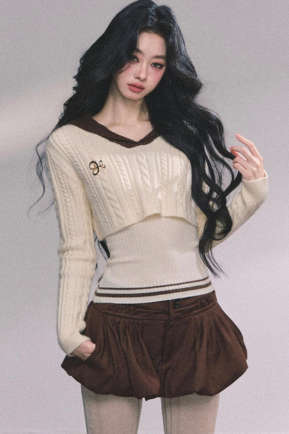 Navy Knitted Sweater Womens Top Set