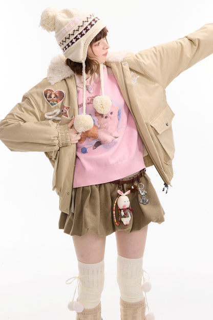 Cat Pattern Workwear Style Slimming Cotton Jacket