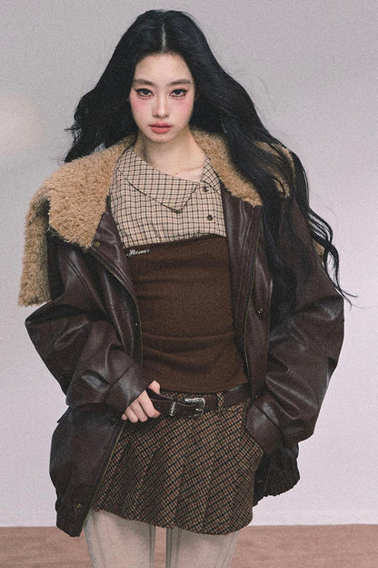 Knitted Long-Sleeved Plaid Top