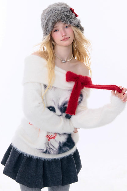 Cat Print Off-Shoulder Sweater